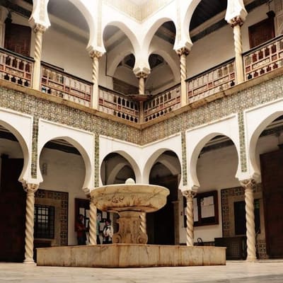 A marble fountain in the arcaded courtyard of an Ottoman palace in the Casbah of Algiers