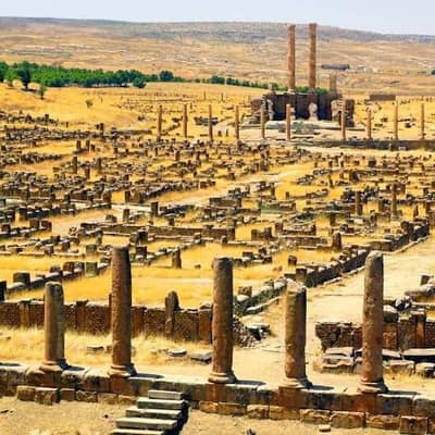 The grid-plan streets and ruins of Timgad below the Aurès mountains
