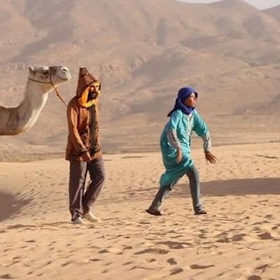 A guide leading a saddled camel across the sand near Bou Saâda