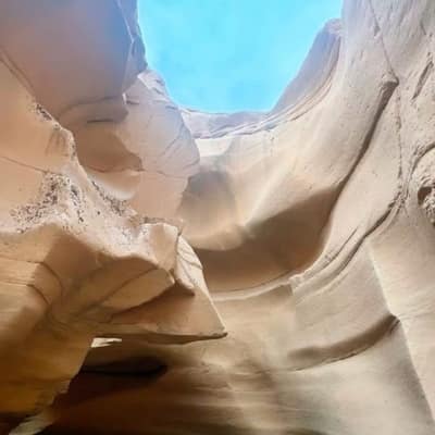 A narrow sandstone slot canyon beside the oasis of Bou Saâda, a pool of water at its foot