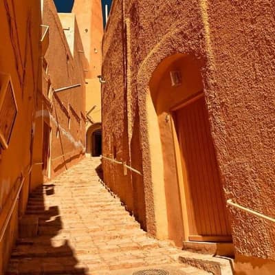 A narrow stepped alley of ochre houses in the M'Zab Valley