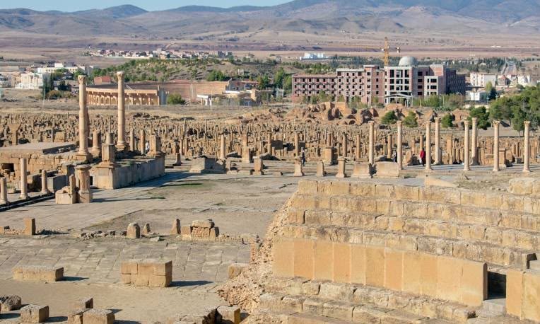 Rows of columns along a colonnaded street in Roman Timgad