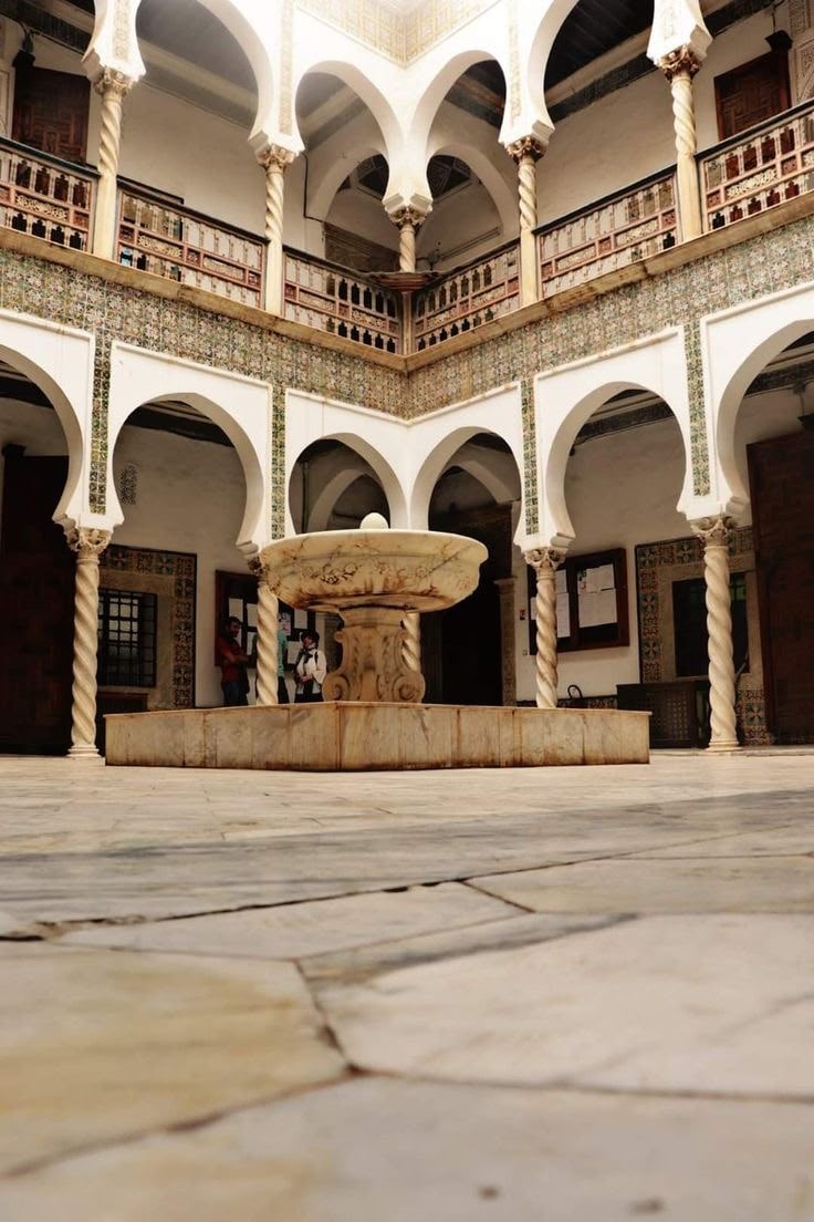 A marble fountain in the arcaded courtyard of an Ottoman palace in the Casbah of Algiers