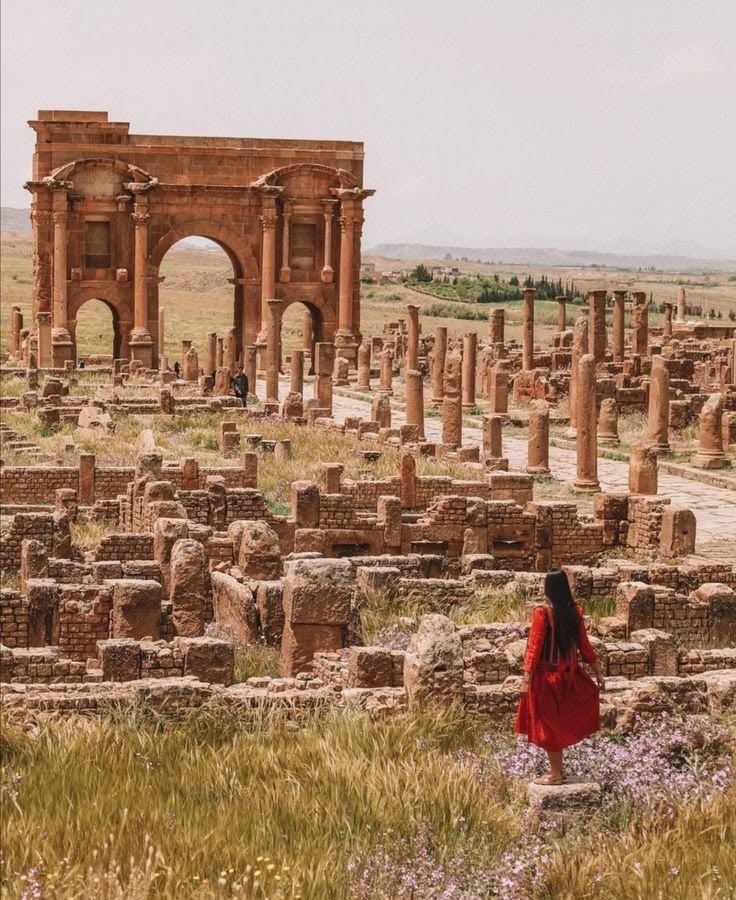 The Arch of Trajan and the colonnaded streets of Timgad, a visitor walking among spring flowers