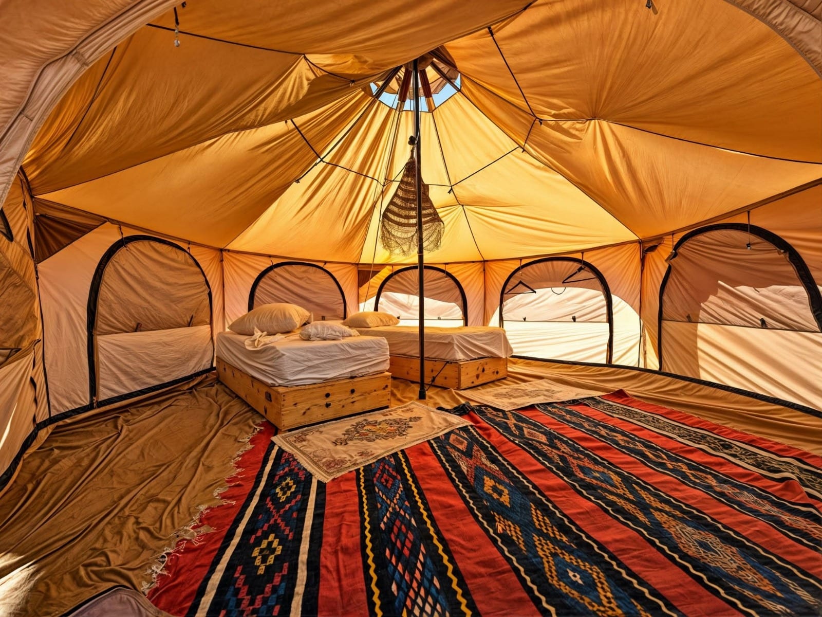 Beds and a woven rug inside a bell tent at the luxury camp near Djanet