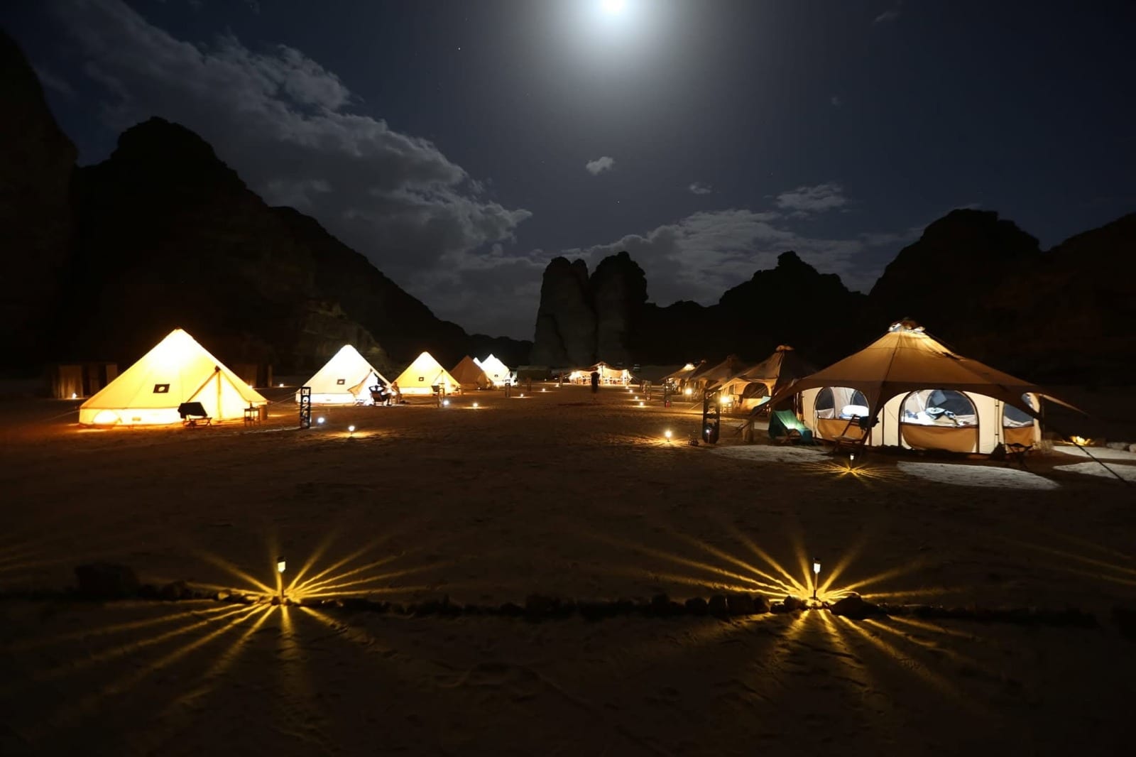 The luxury camp near Djanet under the moon, its bell tents glowing