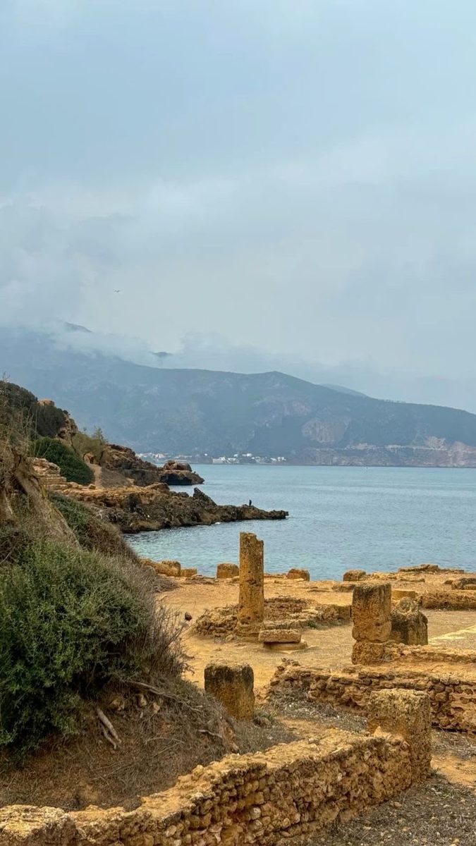 A lone column above the rocky shore at Tipaza, with mountains across the bay